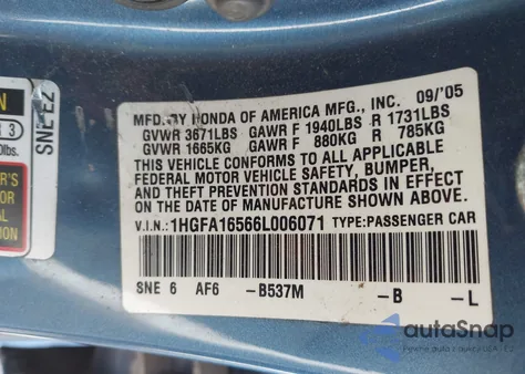 2006 Honda Civic Lx z USA, uszkodzony, nr VIN 1HGFA16566L006071